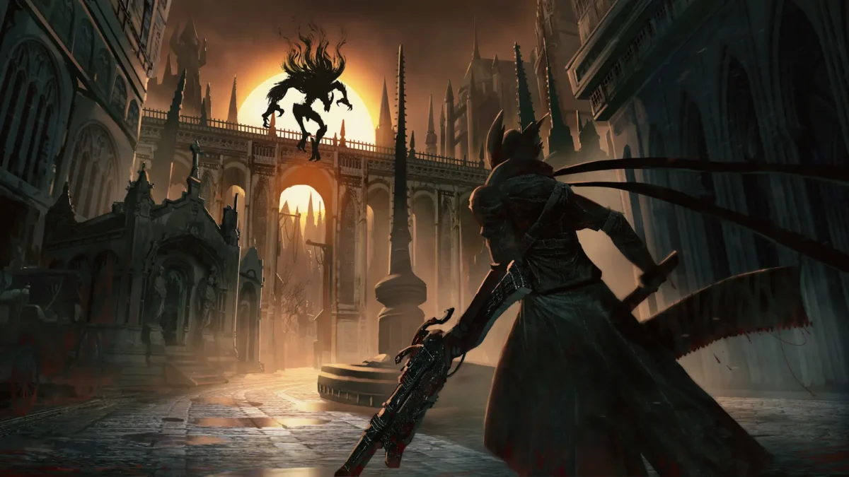 شخصیت اصلی بازی Bloodborne در مقابل هیولای بزرگ در محیط گوتیک