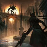 شخصیت اصلی بازی Bloodborne در مقابل هیولای بزرگ در محیط گوتیک