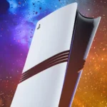 کنسول بازی پلی استیشن ۵ پرو (PlayStation 5 Pro) در پس‌زمینه‌ای رنگارنگ
